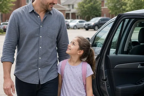 A man smiling at his daughter as they walk to a car in a parking lot