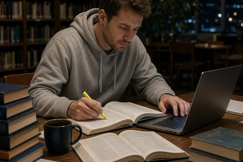 A clearly adult man in his early thirties with short brown hair wearing a casual light gray hoodie and blue jeans sitting at a wooden table in a dimly lit library, reading a book and using a laptop su