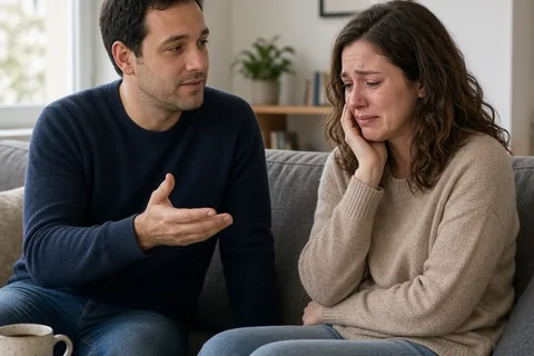 A man in his thirties with short dark hair calmly speaking to a woman in her thirties with wavy brown hair who has red eyes and is tearful at a sofa in a living room with a coffee cup nearby