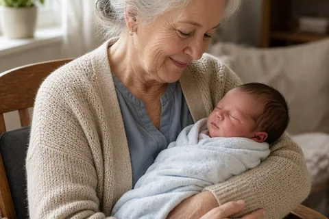 An elderly grandmother with silver hair in a loose bun holding a newborn baby in her arms in a bright living room