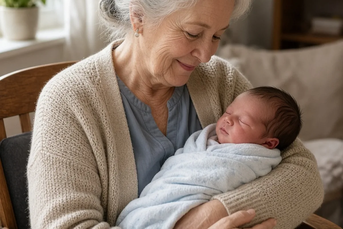 An elderly grandmother with silver hair in a loose bun holding a newborn baby in her arms in a bright living room