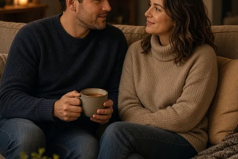 A clearly adult couple in their thirties sitting on a sofa in a living room, one holding a mug of warm cider and talking, illuminated by warm candlelight and lamps