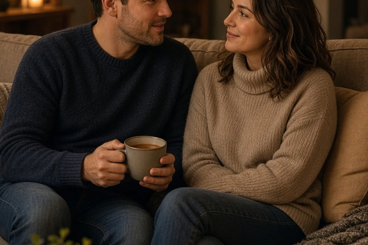 A clearly adult couple in their thirties sitting on a sofa in a living room, one holding a mug of warm cider and talking, illuminated by warm candlelight and lamps