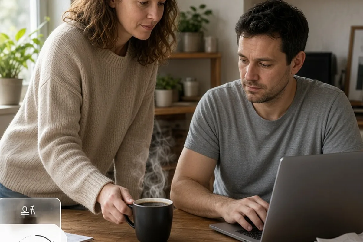 A clearly adult woman in a beige sweater handing a steaming cup of black coffee to a clearly adult man in a gray t-shirt sitting at a wooden desk in a home office with unreadable papers and laptop