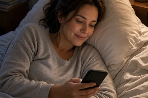 A woman lying in bed at night holding a smartphone and gazing softly at the screen.