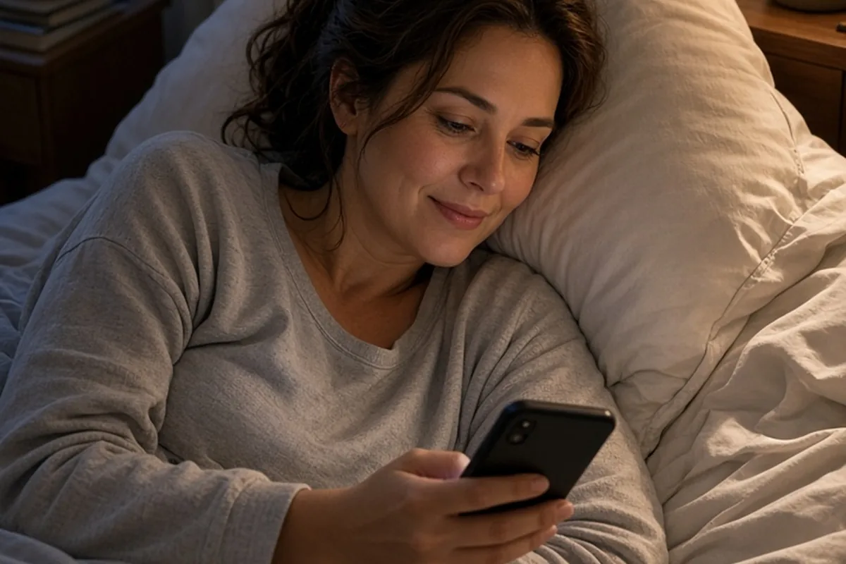 A woman lying in bed at night holding a smartphone and gazing softly at the screen.