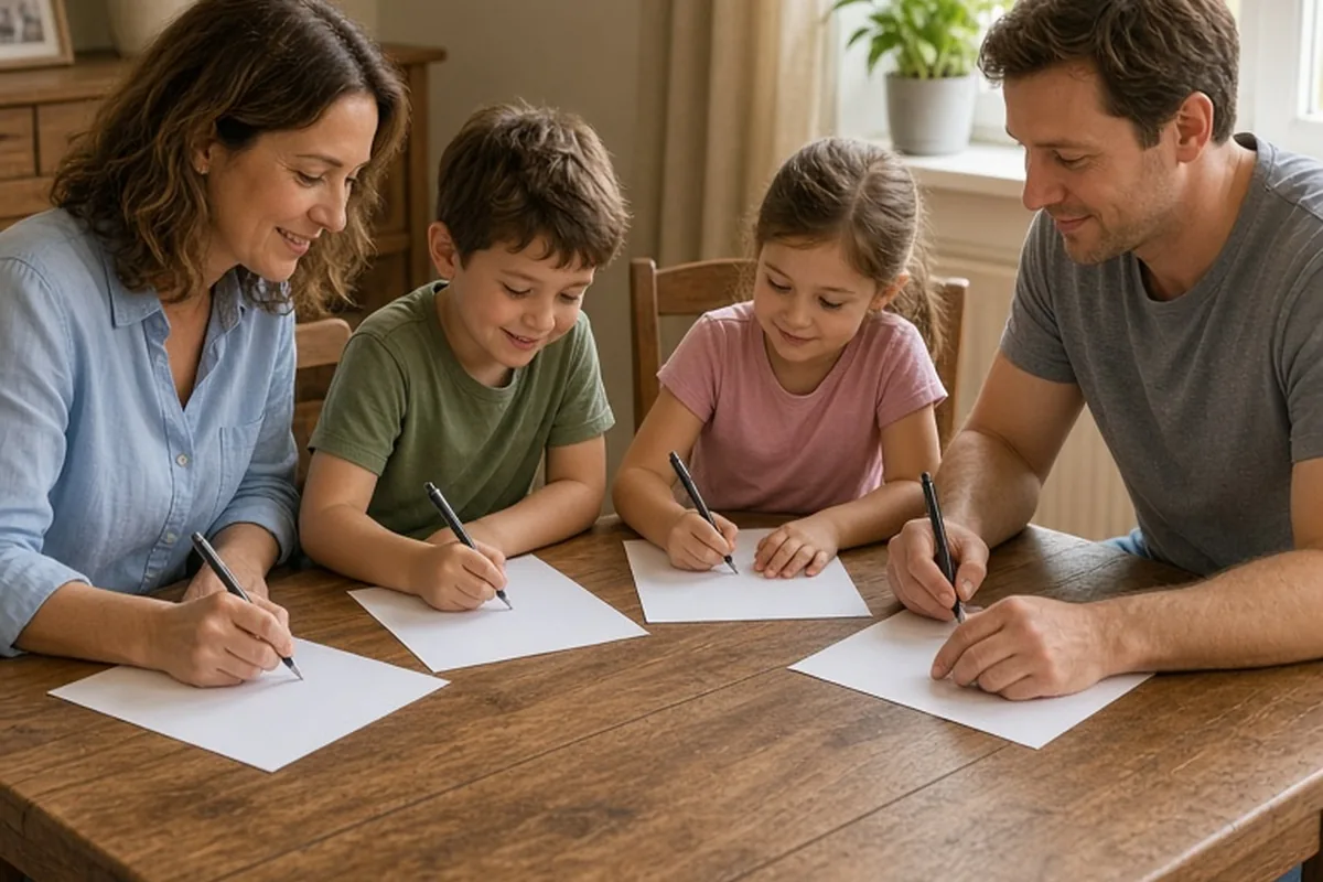 A family of parents and two children sitting at a dining table writing three words on paper to brainstorm their family motto