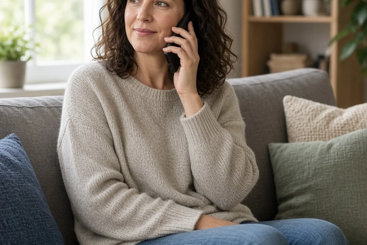 A woman with shoulder-length wavy brown hair sitting on a couch in a living room holding a smartphone to her ear while talking on the phone