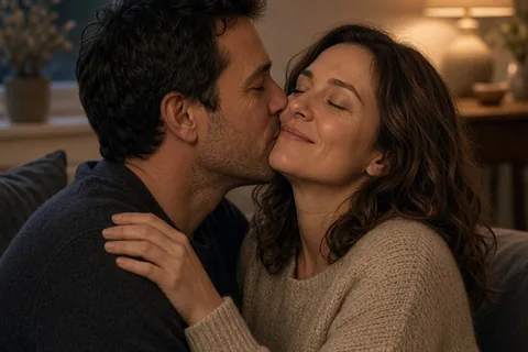 A man kissing a woman on the jawline in a living room, her expression showing surprise then relaxation