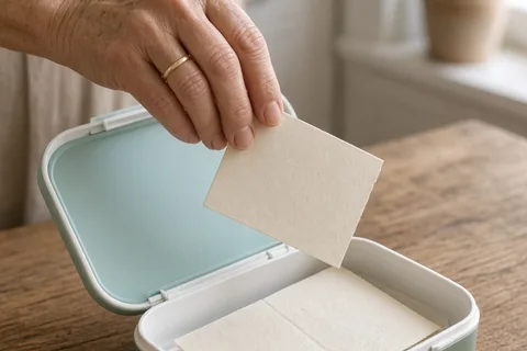 A clearly adult older woman's hand slipping a small card into an open lunchbox on a kitchen table