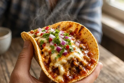 A close-up of a steaming spicy street taco held in a man's hand on a wooden table with red sauce and steam visible