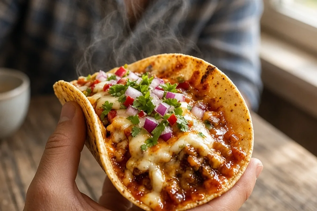 A close-up of a steaming spicy street taco held in a man's hand on a wooden table with red sauce and steam visible