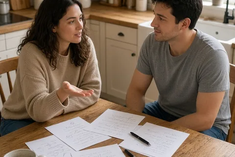 A couple seated at a wooden table in a kitchen discussing holiday plans and agreeing on a compromise