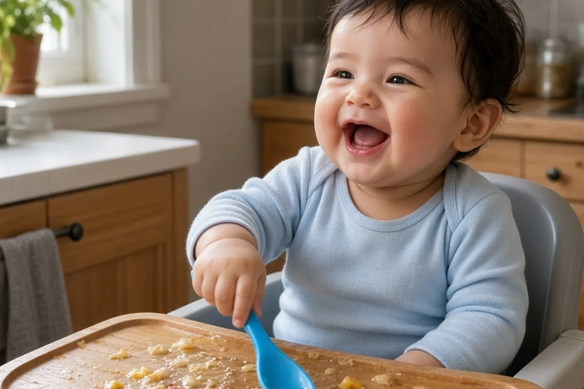 A five-month-old baby in a highchair laughing while banging a spoon on the tray in a home kitchen