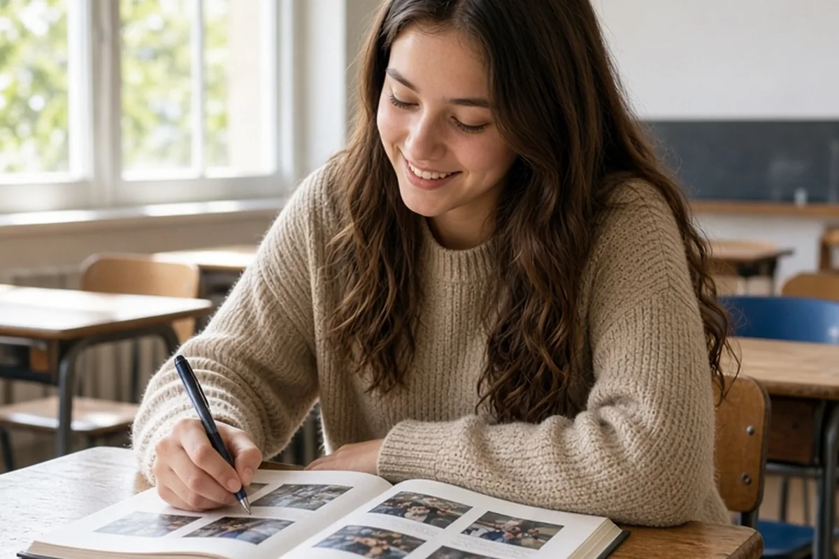 A young woman in her late teens with long wavy brown hair wearing a casual beige sweater and jeans sits at a wooden desk in the classroom, smiling while writing in an open yearbook with a pen