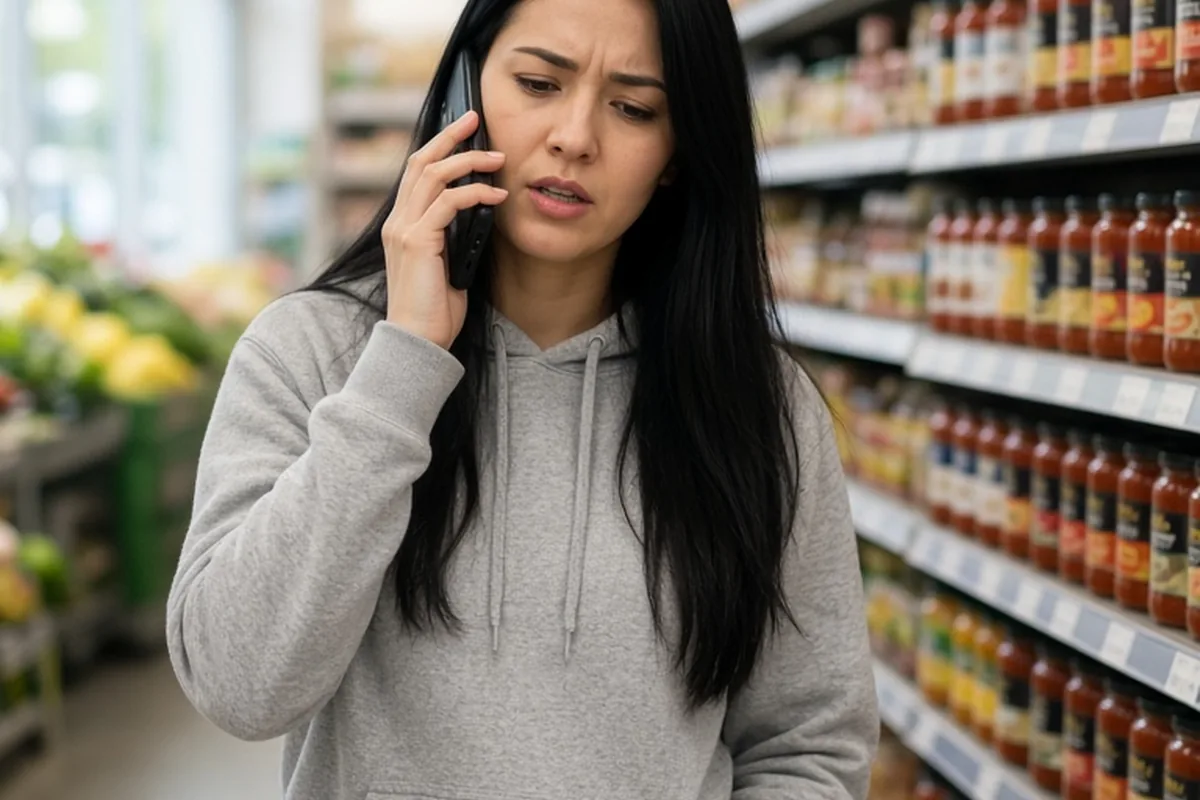 A woman in her late twenties with long straight black hair holding her smartphone to her ear in a grocery store pasta aisle, speaking with a serious expression