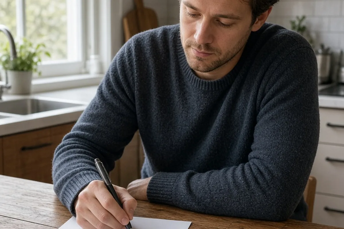 A clearly adult man in his early thirties with short wavy brown hair and light stubble sits at a wooden table in a bright modern kitchen, writing a Valentine's Day quote card by hand with a pen on pap