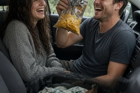 Couple laughing in car with one holding soggy bag of chips after rainy camping trip