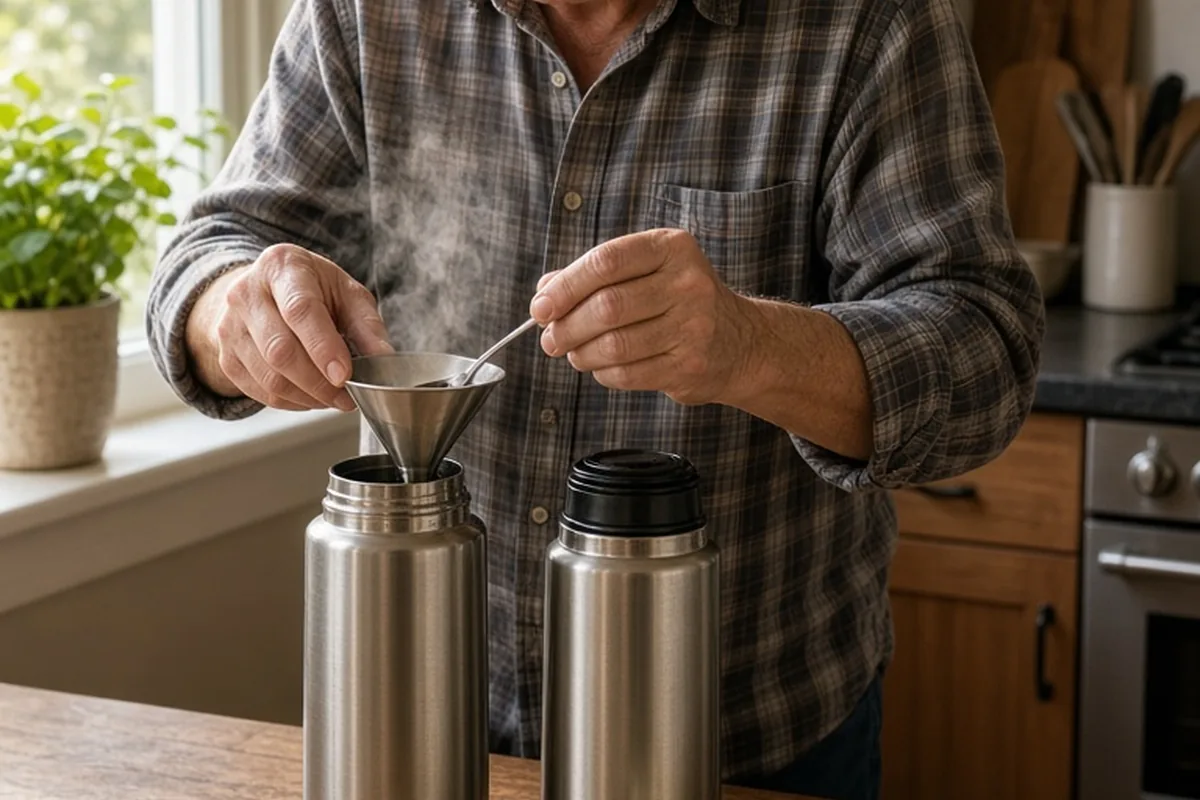 A father in his sixties with short gray hair packing two coffee thermoses with coffee and breakfast in his kitchen at dawn