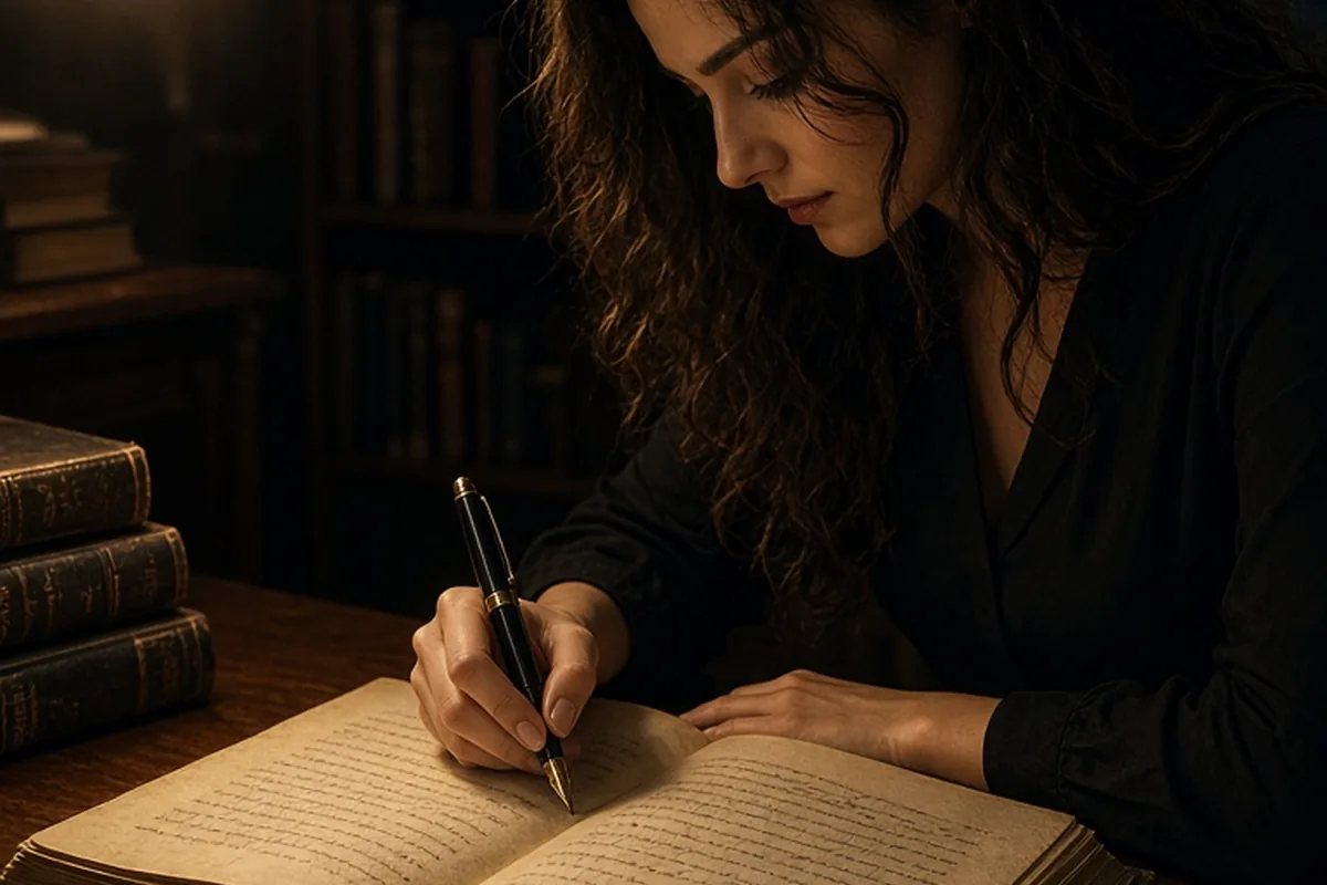 A woman inscribing a dark love quote in an open book at a desk under soft lamp light in a dimly lit room