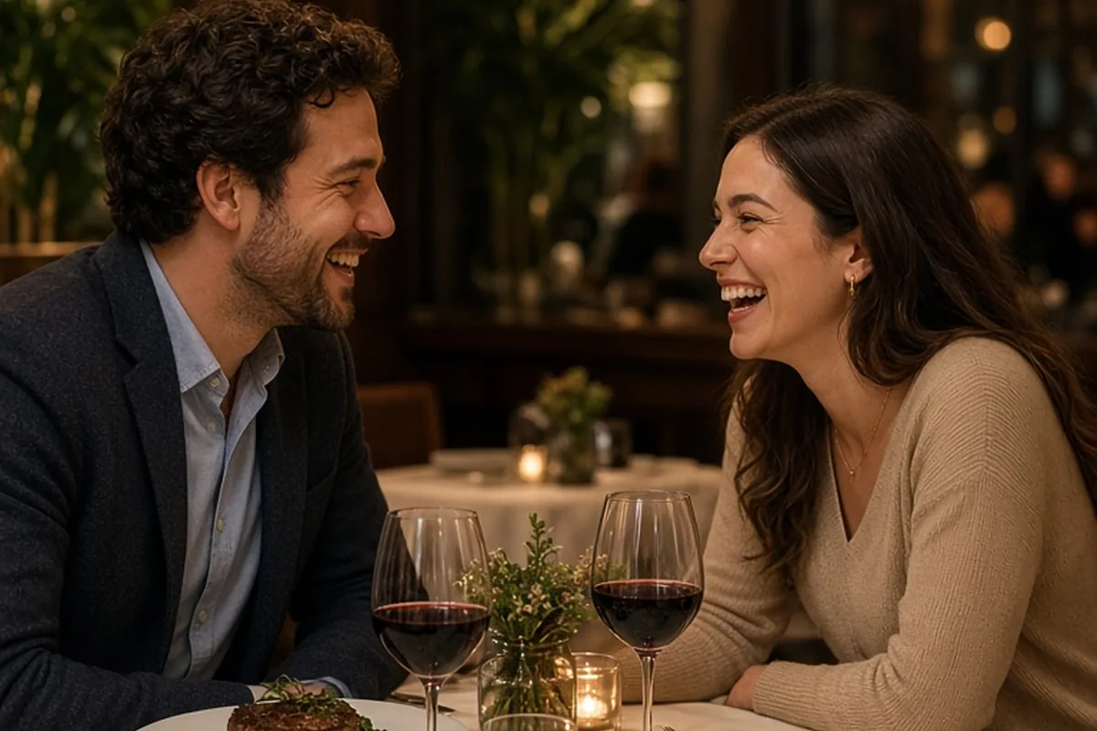 A couple at a restaurant table sharing a natural laugh across the table during a date night dinner with plates of food and glasses of wine in front of them.