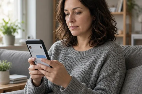A mid-thirties woman with shoulder-length wavy dark brown hair sitting on a sofa holding her smartphone and looking at the screen of a dating app in her living room.