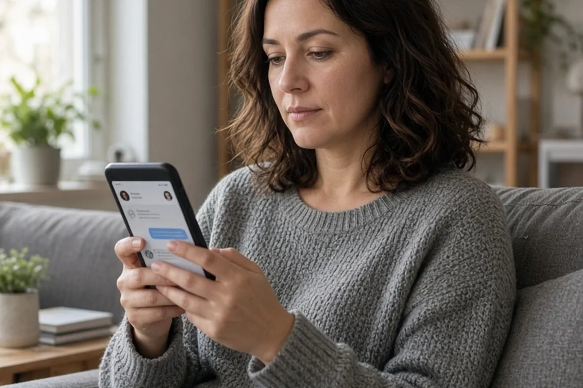 A mid-thirties woman with shoulder-length wavy dark brown hair sitting on a sofa holding her smartphone and looking at the screen of a dating app in her living room.