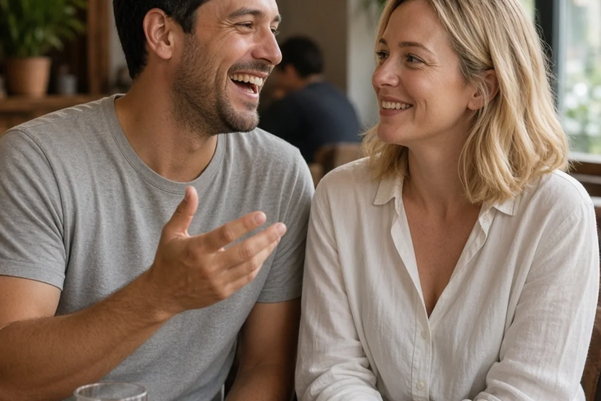 A man in a gray t-shirt and a woman in a white blouse sitting at a table in a restaurant, the man smiling and gesturing as he talks to the woman who listens with a gentle smile.