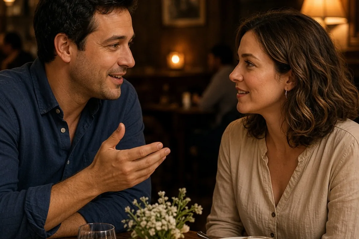 A man and woman at a restaurant table, the man smiling as he tells a story about her first dog while she listens attentively.