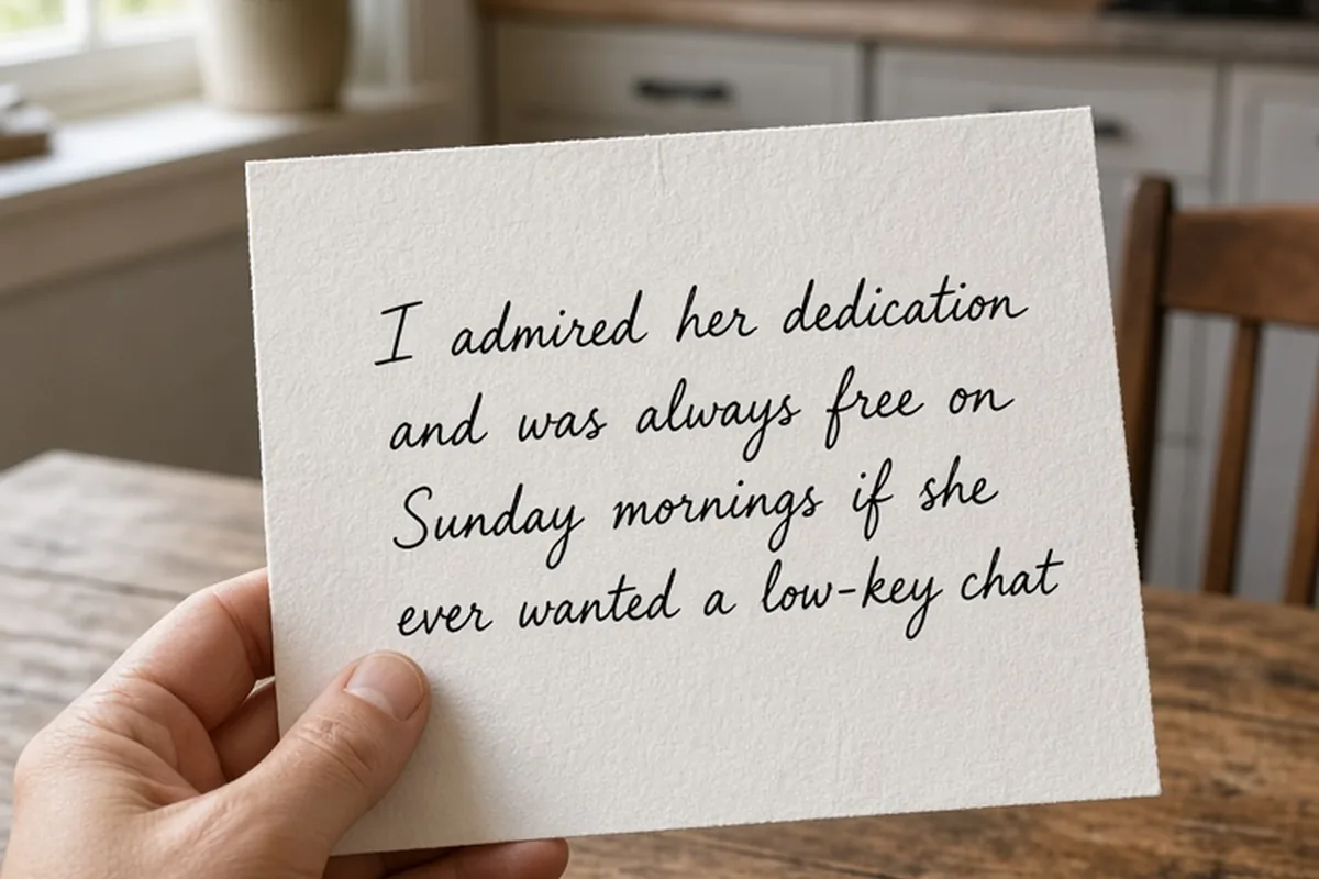 Adult hand holding open greeting card on wooden table with visible handwritten quote about trusting her path