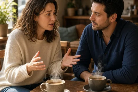 A woman with wavy brown hair and a man with short dark hair seated at a wooden table in a coffee shop, engaged in a serious conversation with direct eye contact.