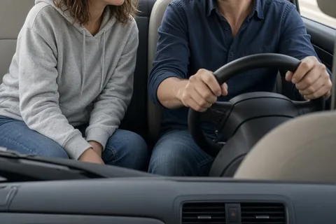 A woman in her mid-thirties with shoulder-length wavy brown hair and a man in his early thirties with short brown hair sitting inside a car, the woman speaking to the man who is gripping the steering 