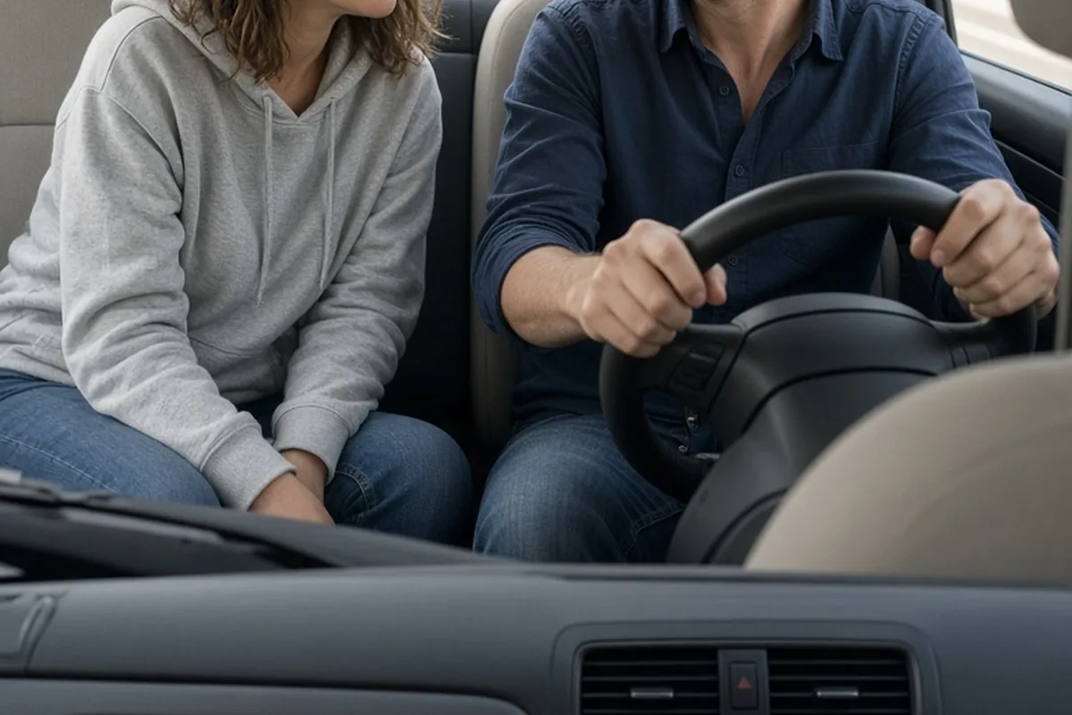 A woman in her mid-thirties with shoulder-length wavy brown hair and a man in his early thirties with short brown hair sitting inside a car, the woman speaking to the man who is gripping the steering 