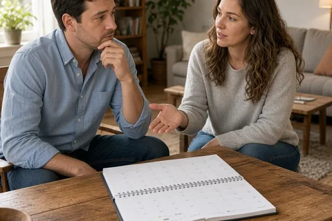 A man in his early thirties with short dark hair and a woman in her early thirties with wavy brown hair sitting across a wooden table in a home living room, the man resting his hand on his chin lookin