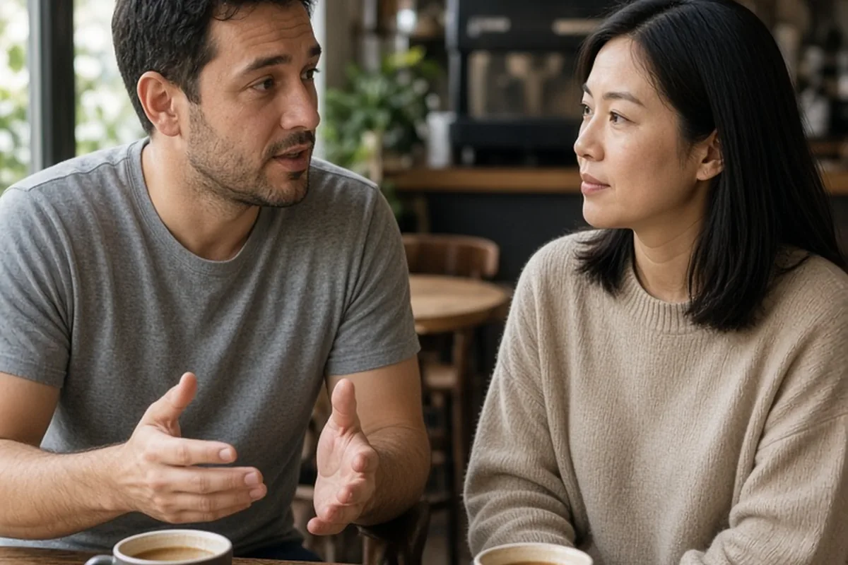A man and woman sitting at a table in a cafe engaged in conversation about their relationship.