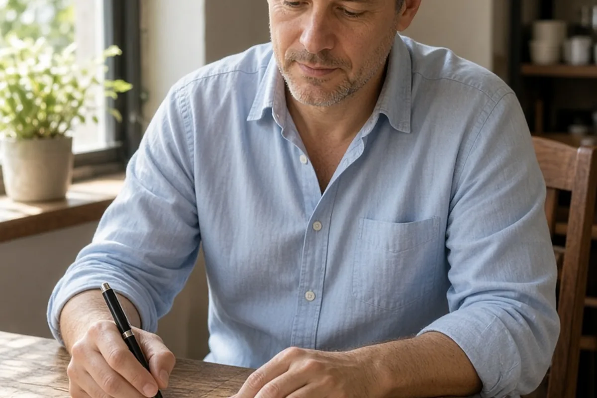 A man in his forties with short graying hair wearing a light blue button-up shirt sitting at a wooden table in a cafe writing on a small piece of paper with a pen, looking thoughtful and grateful