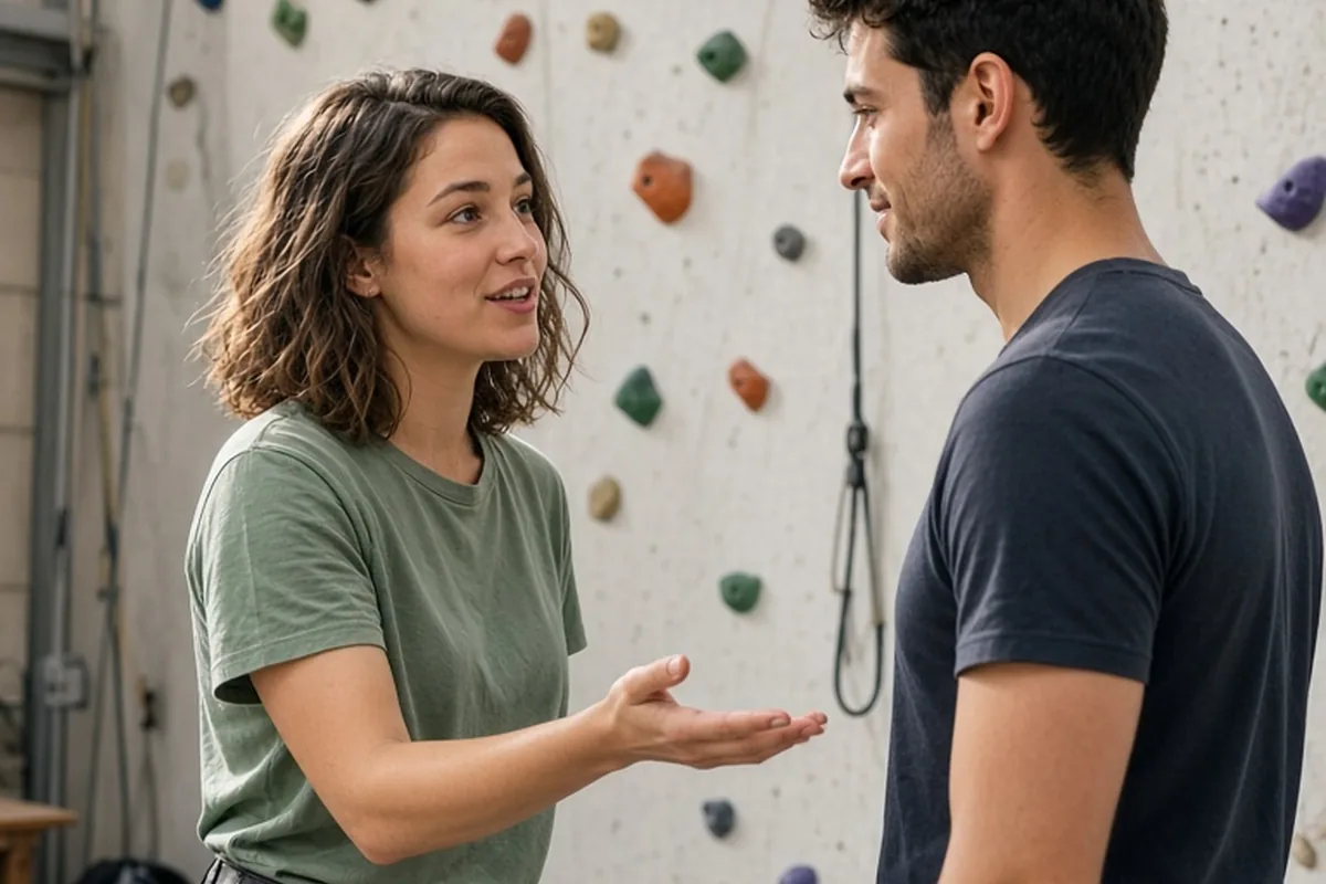 A clearly adult woman in a casual t-shirt and jeans leaning in to gesture while inviting a clearly adult man in climbing gear to dinner after climbing at a rock-climbing gym