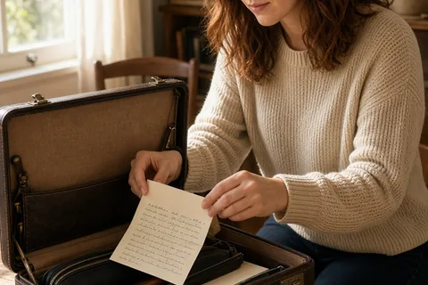 Woman in her late twenties with auburn hair tucking a handwritten note into an open briefcase on a wooden desk in a home environment.