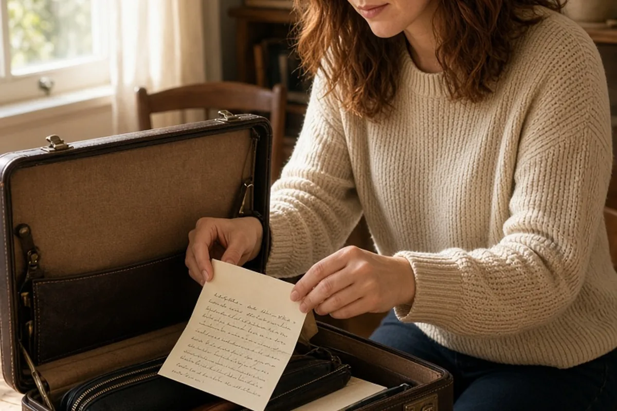 Woman in her late twenties with auburn hair tucking a handwritten note into an open briefcase on a wooden desk in a home environment.