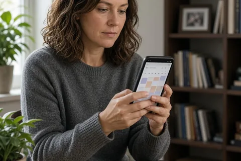 A woman with shoulder-length wavy brown hair in a gray sweater and black slacks holding a smartphone at a wooden desk in a home study, the screen showing a calendar application interface