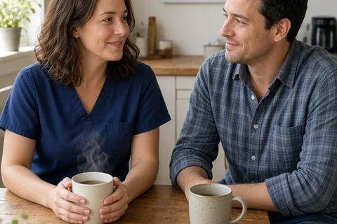 A clearly adult woman in her mid-thirties with shoulder-length wavy brown hair wearing nurse scrubs and a clearly adult man in his mid-thirties with short dark hair wearing a casual button-up shirt an