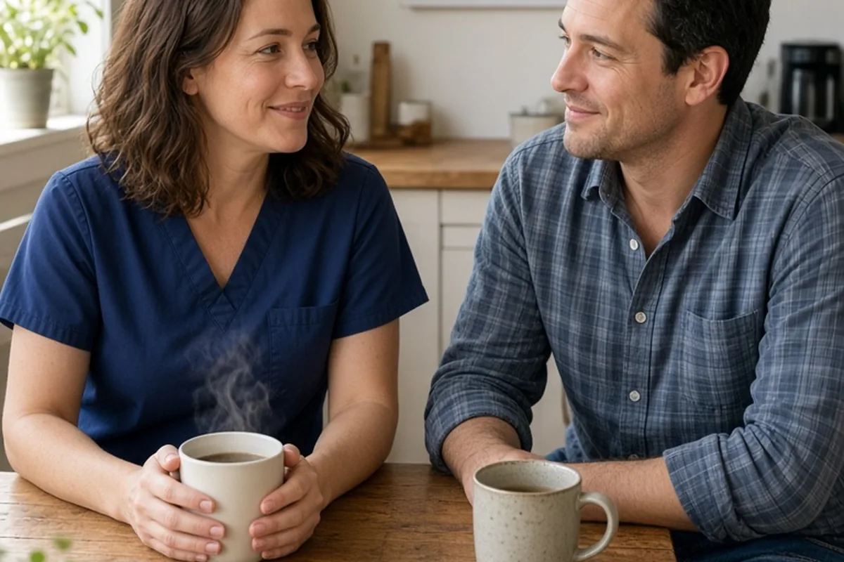 A clearly adult woman in her mid-thirties with shoulder-length wavy brown hair wearing nurse scrubs and a clearly adult man in his mid-thirties with short dark hair wearing a casual button-up shirt an
