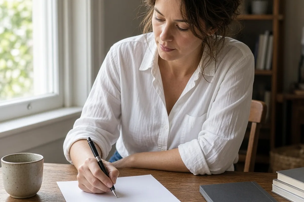 Woman writing on a sheet of paper at a desk in natural daylight