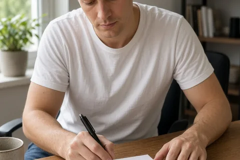 A man writing a list of relationship needs at a desk in a modern home office with natural daylight