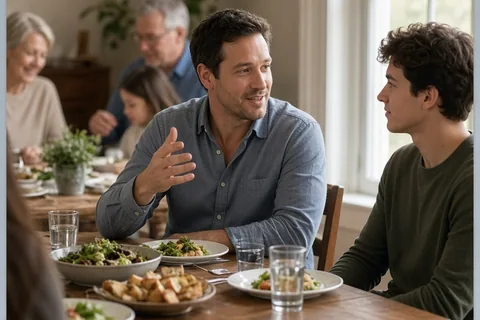 Marcus, a man in his thirties with short brown hair, smiling calmly at a dinner table while speaking a boundary phrase, with his cousin listening in the background.