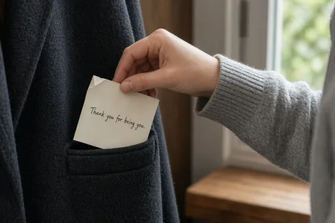 A woman's hand sliding a handwritten note into a coat pocket in a home entryway