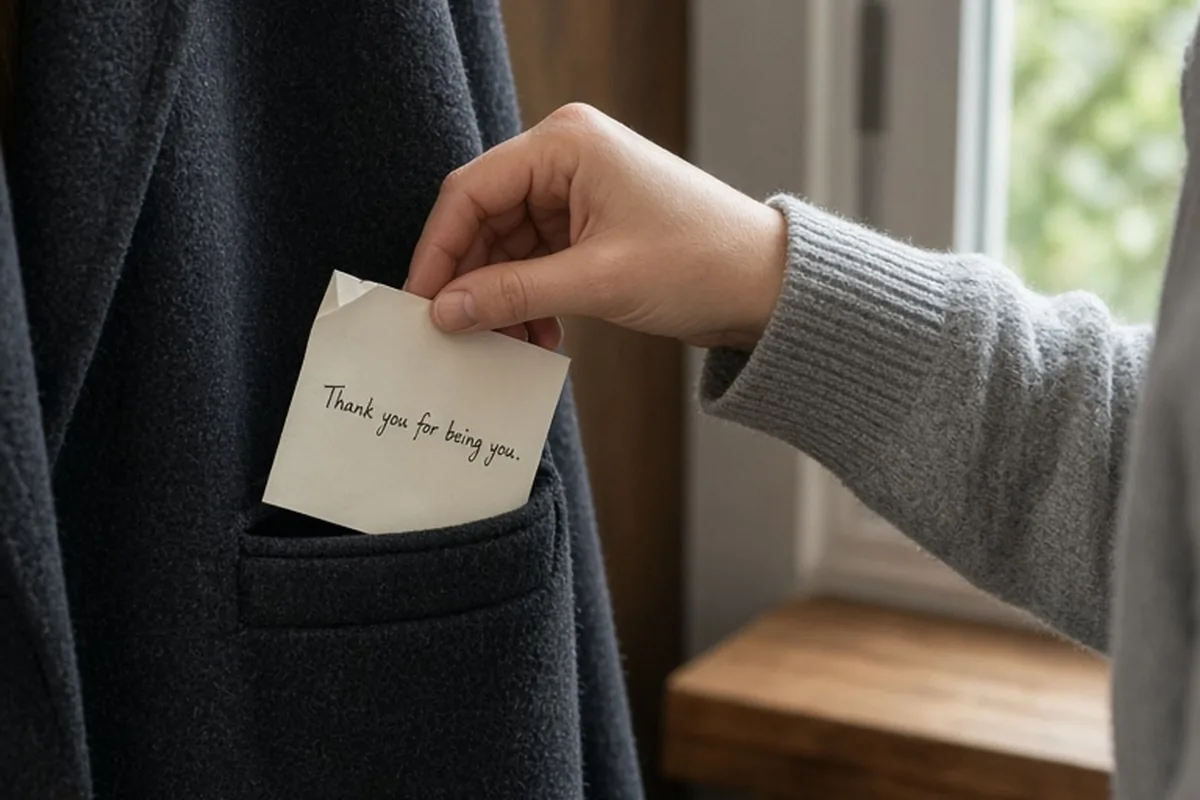 A woman's hand sliding a handwritten note into a coat pocket in a home entryway
