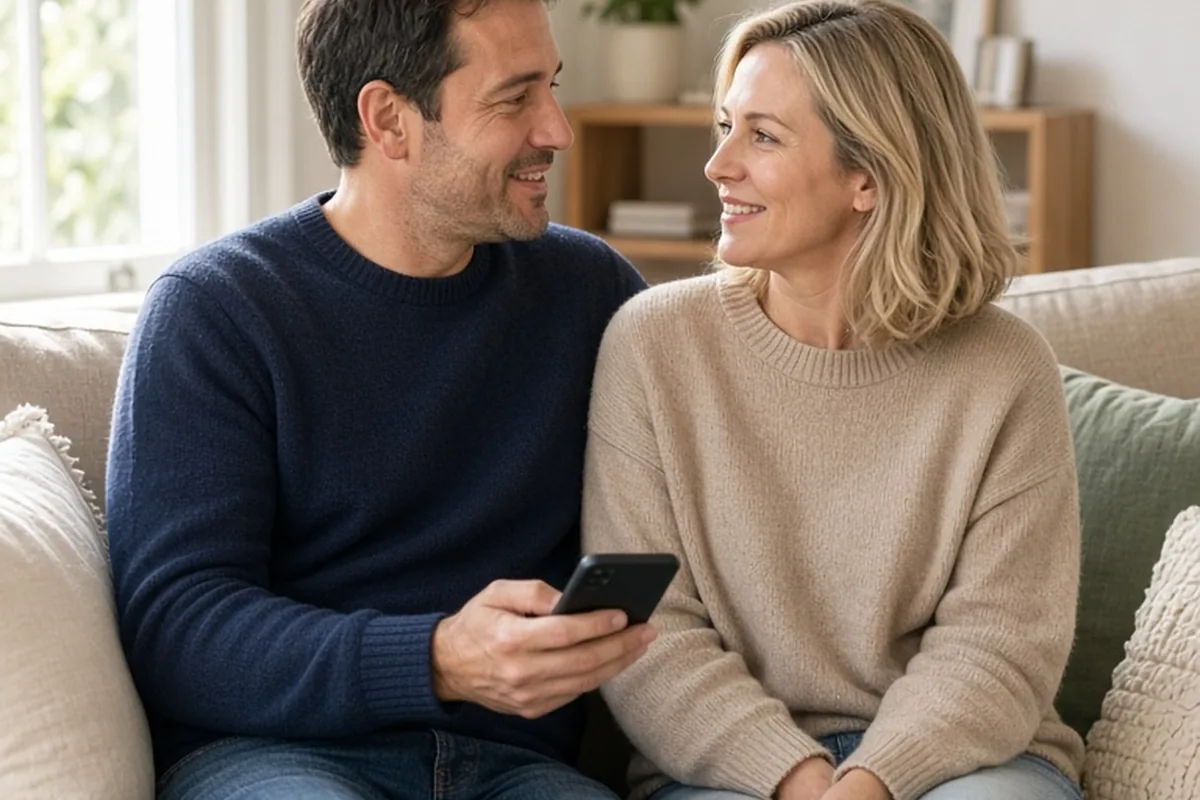 A man and a woman on a couch in a living room, the man turning from his phone to propose planning a weekend trip with his partner