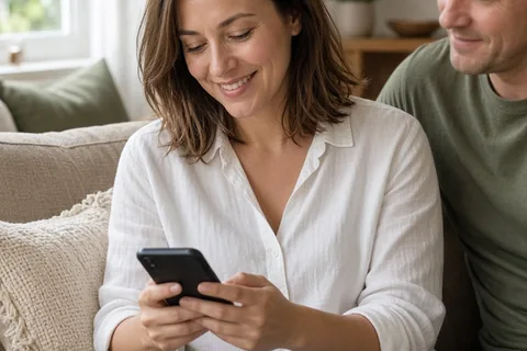 A woman in her early thirties with shoulder-length brown hair wearing a casual white blouse and jeans sitting on a sofa in her home living room, smiling at her smartphone before tilting it away, with 