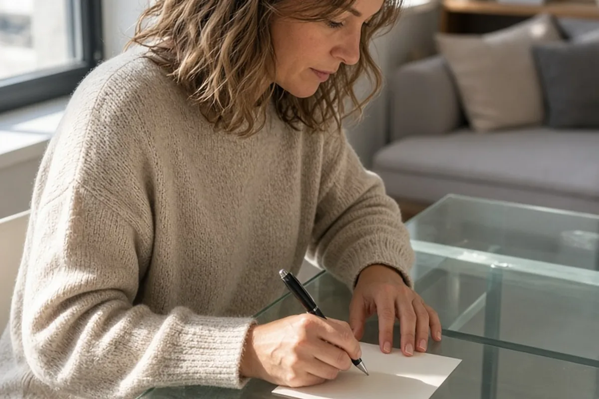 A woman writing an empowering quote on a blank index card at a desk with natural light from a window